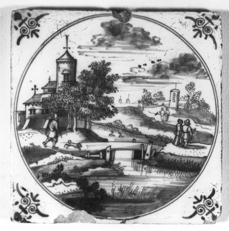 paesaggio con corso d'acqua e chiesa (mattonella) - manifattura di Delft (prima metà sec. XVIII)