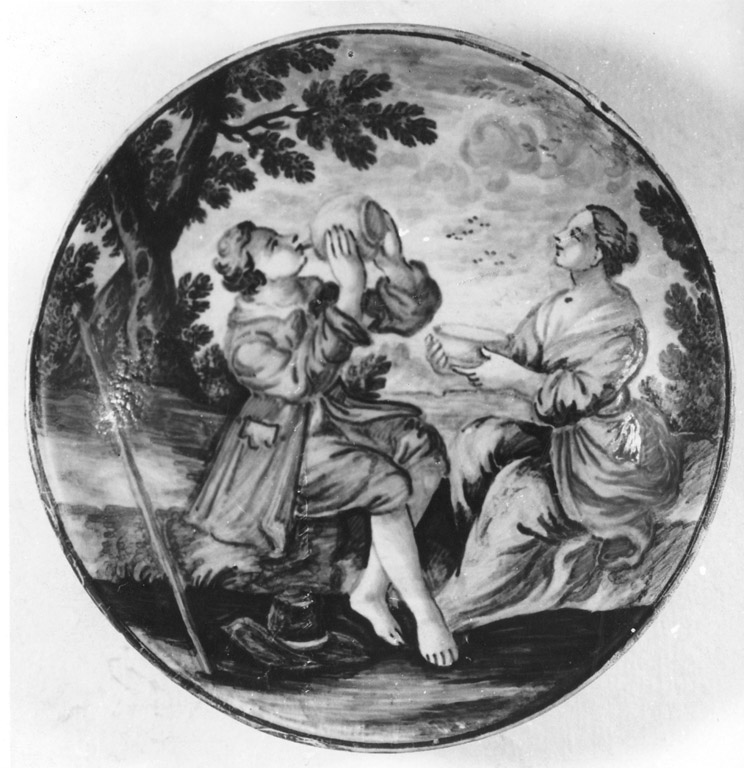 scena campestre con figure (piattello) di Grue Antonio Carlo (attribuito) (fine sec. XVII)