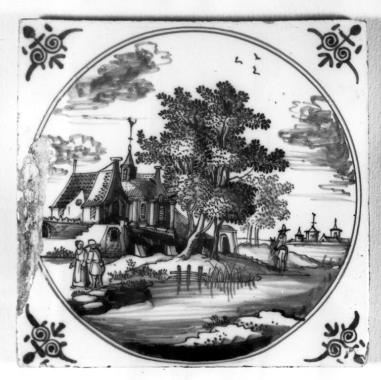 Paesaggio con laghetto, villa, cavaliere e figure varie (mattonella) - manifattura di Delft (prima metà sec. XVIII)