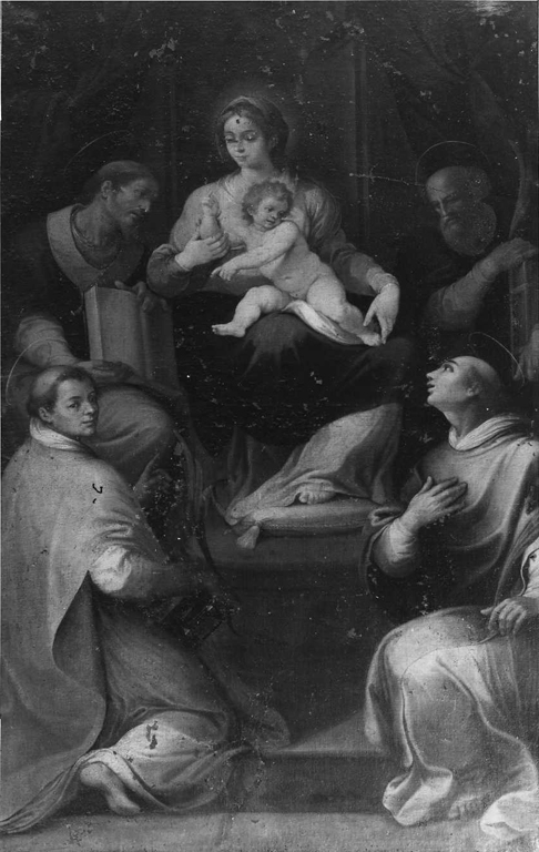 Madonna con Bambino e i Santi Eusebio, Vincenzo, Lorenzo e Serafino (dipinto) di Croce Baldassarre (inizio sec. XVII)