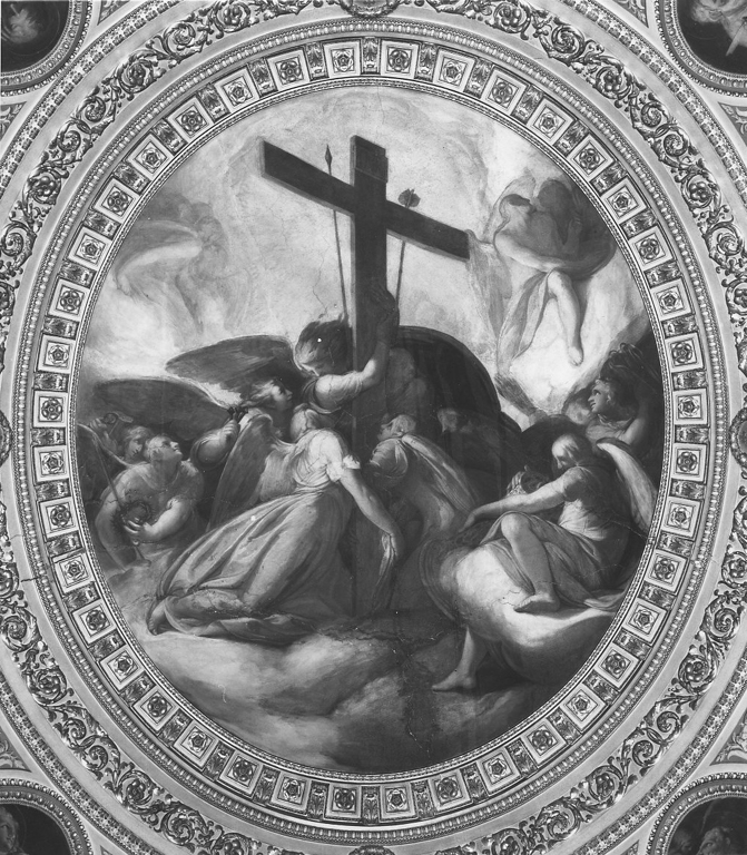 La croce e i simboli della Passione portati in gloria dagli angeli (dipinto) di Celio Gaspare, Valeriano Giuseppe (sec. XVI)
