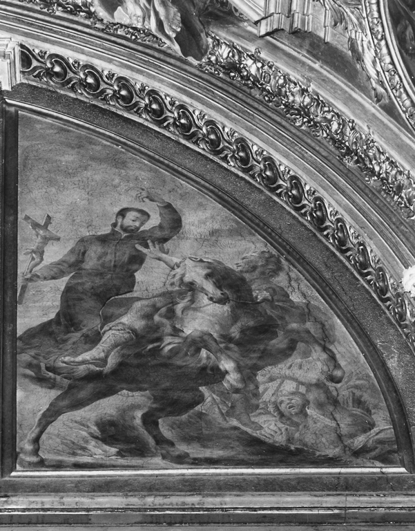 San Francesco Saverio predica mostrando il crocifisso, davanti ad un sovrano indiano e questo spaventato si ritrae (dipinto) di Carloni Giovanni Andrea (sec. XVII)