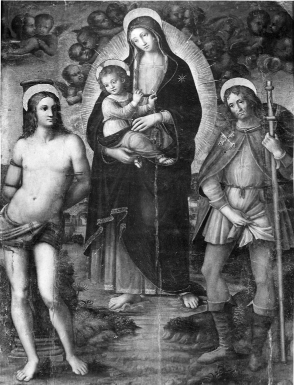 Madonna con Bambino e angeli tra San Sebastiano e San Rocco (dipinto) di Mariano di Ser Austerio (attribuito) (sec. XVI)