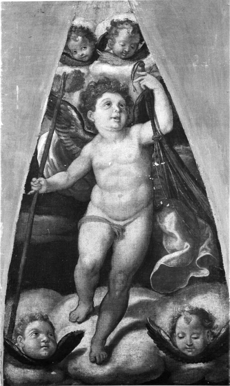 angelo con simboli della passione: bastone spugna e frusta (dipinto) di Pippi Giulio detto Giulio Romano (attribuito) (sec. XVI)