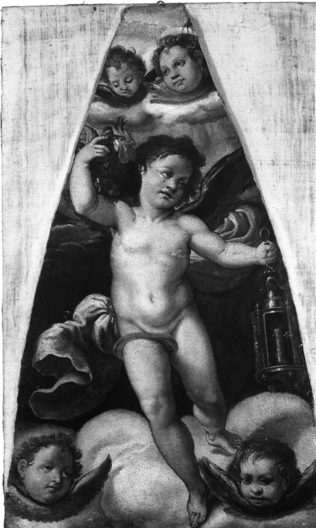 angelo con simboli della passione: gallo e lanterna (dipinto) di Pippi Giulio detto Giulio Romano (attribuito) (sec. XVI)