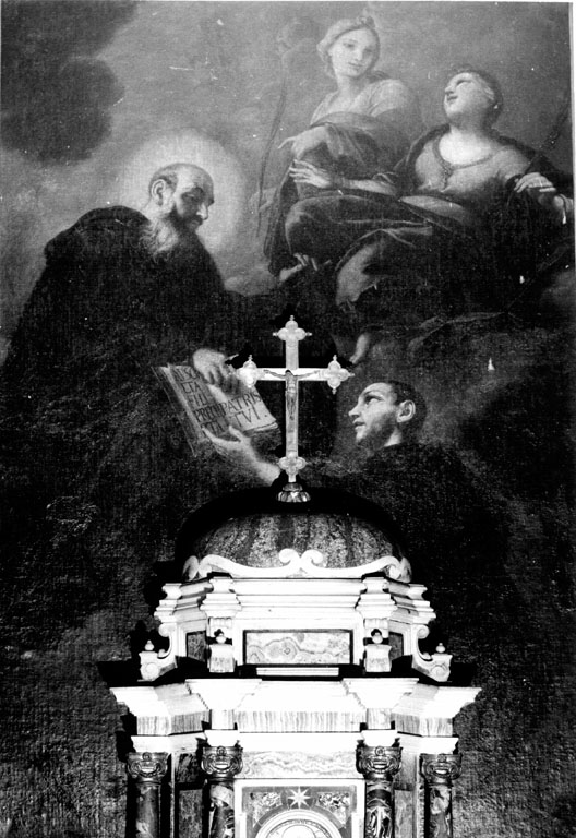 san Benedetto dà la regola a san Silvestro abate (dipinto) - ambito romano (primo quarto sec. XVIII)