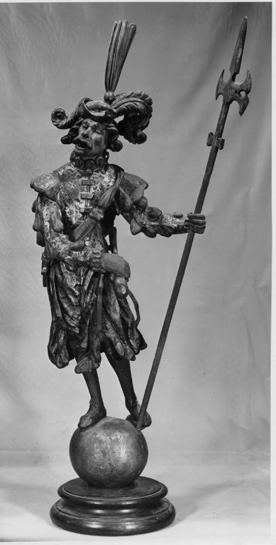 lanzichenecco con alabarda in atto di cantare (statua) - manifattura tedesca (prima metà sec. XVII)