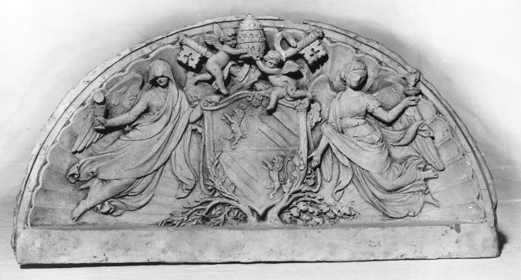 stemma papale di Pio IX tra due angeli (lunetta) - ambito romano (sec. XIX)