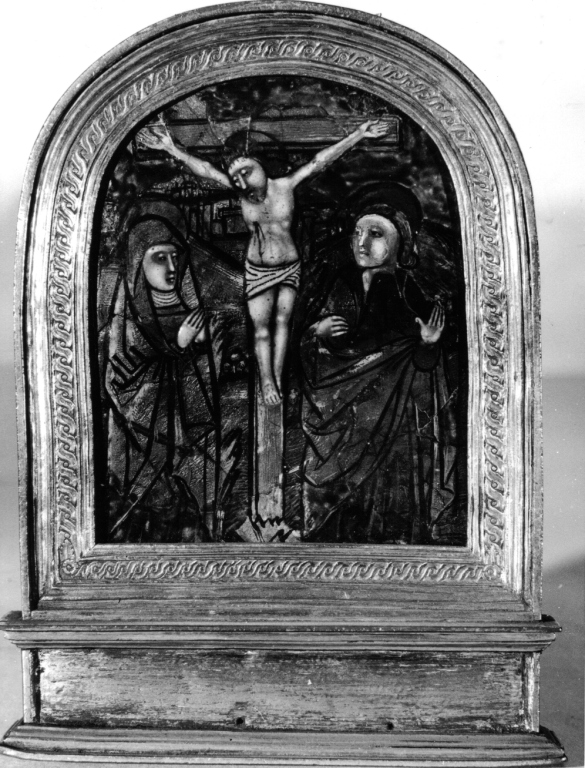 crocefissione di Cristo con la Madonna e San Giovanni Evangelista (decorazione a smalto) - manifattura di Limoges (sec. XV)