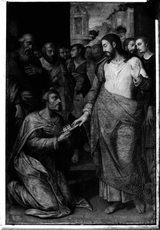 Cristo consegna le chiavi a San Pietro (dipinto) di Ricci Giovanni Battista (attribuito) (fine sec. XVI)
