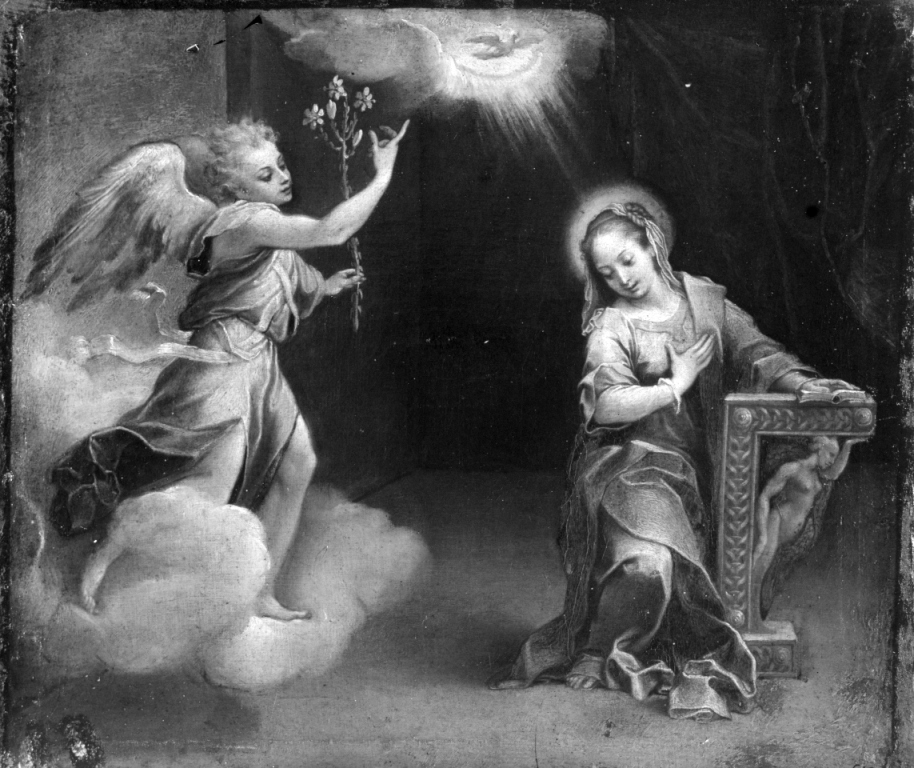 Annunciazione (dipinto) di Fiori Barocci detto Federico Barocci (cerchia) (seconda metà sec. XVI)