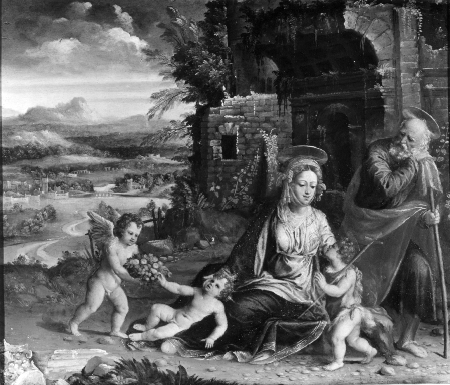 Sacra Famiglia con San Giovannino (dipinto) di Luteri Battista detto Battista di Dosso (sec. XVI)