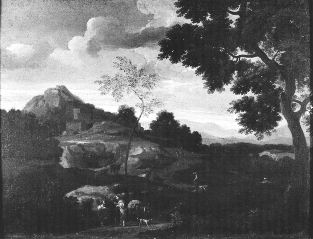Paesaggio con viandanti e lavandaie (dipinto) di Onofri Crescenzio (prima metà sec. XVIII)