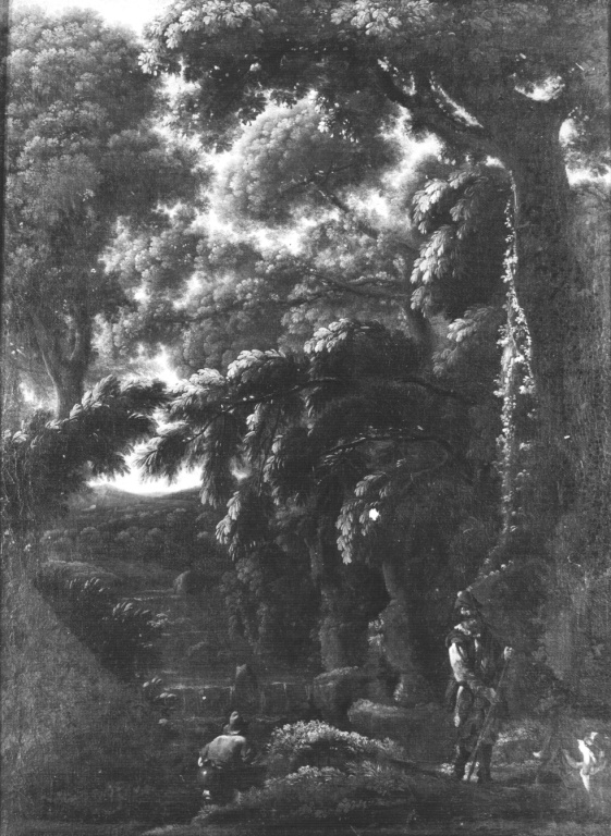 Cacciatori in un bosco (dipinto) di Angeluccio, Cerquozzi Michelangelo detto Michelangelo delle Battaglie (sec. XVII)