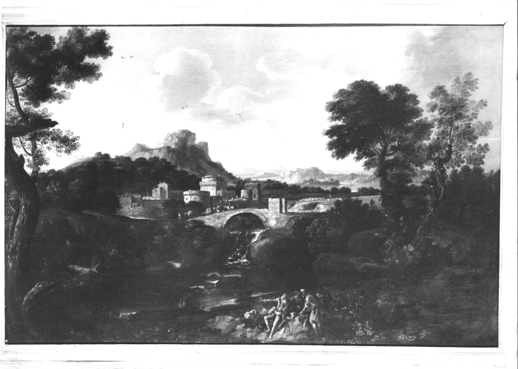 Paesaggio con ponte e fortezza (dipinto) di Onofri Crescenzio (secc. XVII/ XVIII)