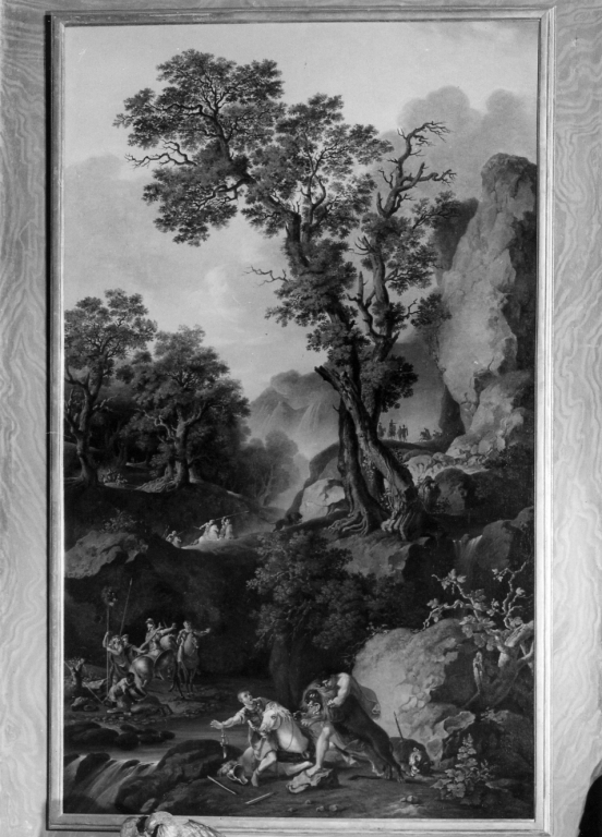Paesaggio con Polidamante che uccide un leone sull'Olimpo (dipinto) di Tierce Jean-Baptiste (sec. XVIII)