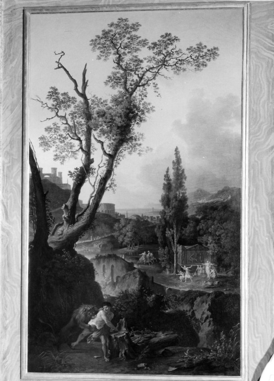 Paesaggio con Milone di Crotone divorato da un leone (dipinto) di Tierce Jean-Baptiste (sec. XVIII)