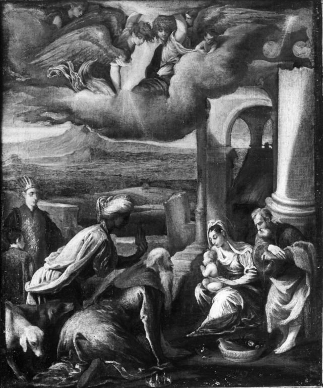 Adorazione dei Magi (dipinto) di Da Ponte Jacopo detto Jacopo Bassano (cerchia) (fine/inizio secc. XVI/ XVII)