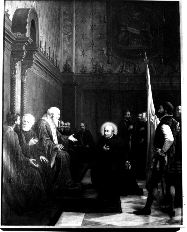 San Giovanni Leonardi in ginocchio davanti agli ecclesiastici (dipinto) di Francisi Guido (sec. XX)