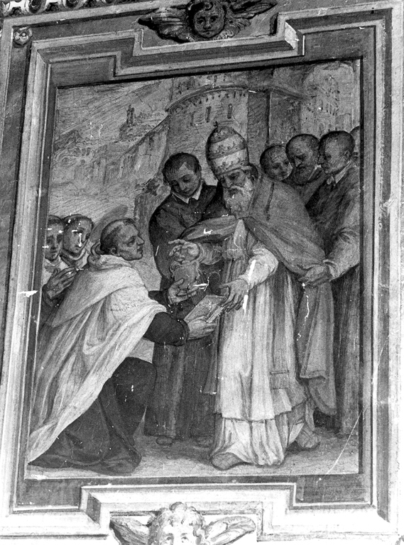 Sant'Angelo consegna le reliquie al papa Onorio III (dipinto) di Ricci Giovanni Battista (scuola) (sec. XVII)