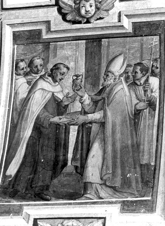 Sant'Angelo riceve le reliquie dal patriarca di Alessandria Atanasio (dipinto) di Ricci Giovanni Battista (scuola) (sec. XVII)