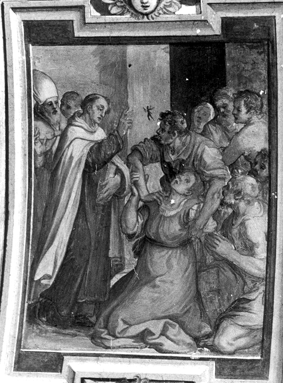 Sant'Angelo guarisce un'indemoniata (dipinto) di Ricci Giovanni Battista (scuola) (sec. XVII)