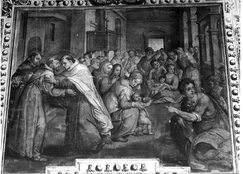 Sant'Angelo incontra San Francesco d'Assisi e San Domenico nella basilica Lateranense (dipinto) di Ricci Giovanni Battista (sec. XVII)