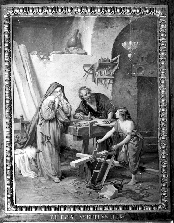 Gesù fanciullo nella bottega di San Giuseppe con la Madonna (dipinto) di Mariani Cesare (sec. XIX)