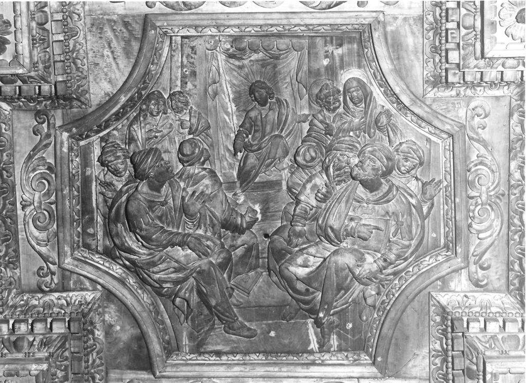 disputa di Gesù con i dottori nel tempio (rilievo) di Giani Giovanni Pietro, Salvatori Giovanni (sec. XVII)