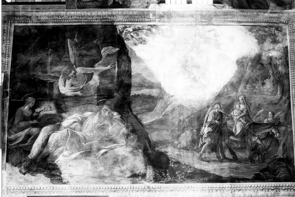 sogno di San Giuseppe e fuga in Egitto (dipinto) di Montagna Marco Tullio (sec. XVII)