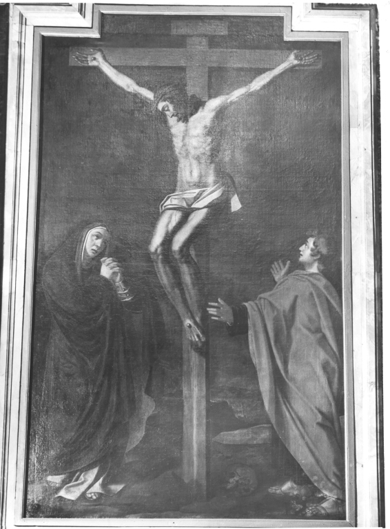 Cristo crocifisso tra la Madonna e S. Giovanni Evangelista (dipinto) - ambito romano (sec. XIX)