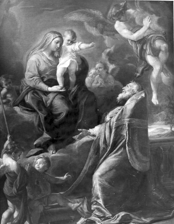 Apparizione della Madonna a S. Eligio; Visione di S. Ampelio curato dagli angeli (stendardo) di Batoni Pompeo Girolamo (sec. XVIII)