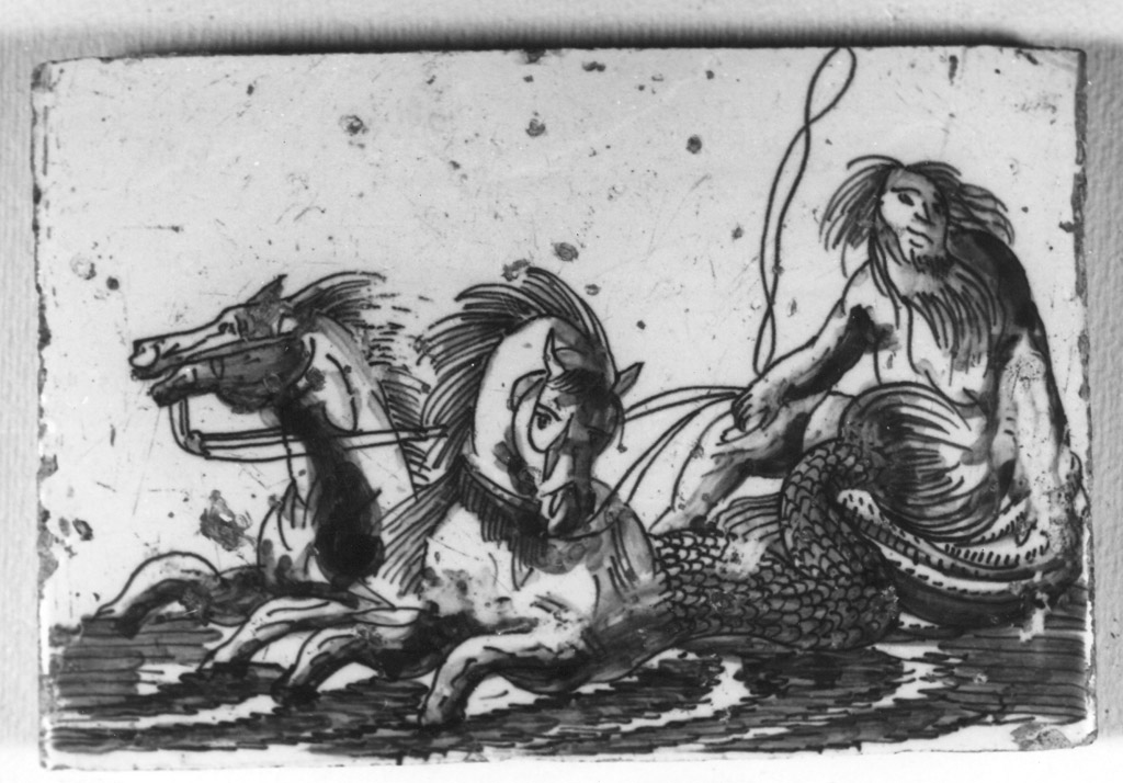 Nettuno trainato da due cavalli marini (mattonella) - manifattura di Delft (prima metà sec. XVIII)