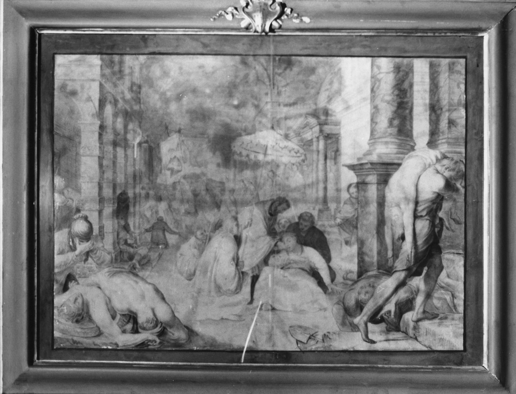 Pestilenza scongiurata per l'intervento di San Stanislao Kostka, Miracolo di San Stanislao Kostka (dipinto, ciclo) di Pozzo Andrea (sec. XVIII, sec. XVIII)