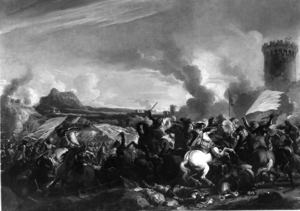 battaglia presso una torre (dipinto) di Masturzio Marzio (prima metà sec. XVII)