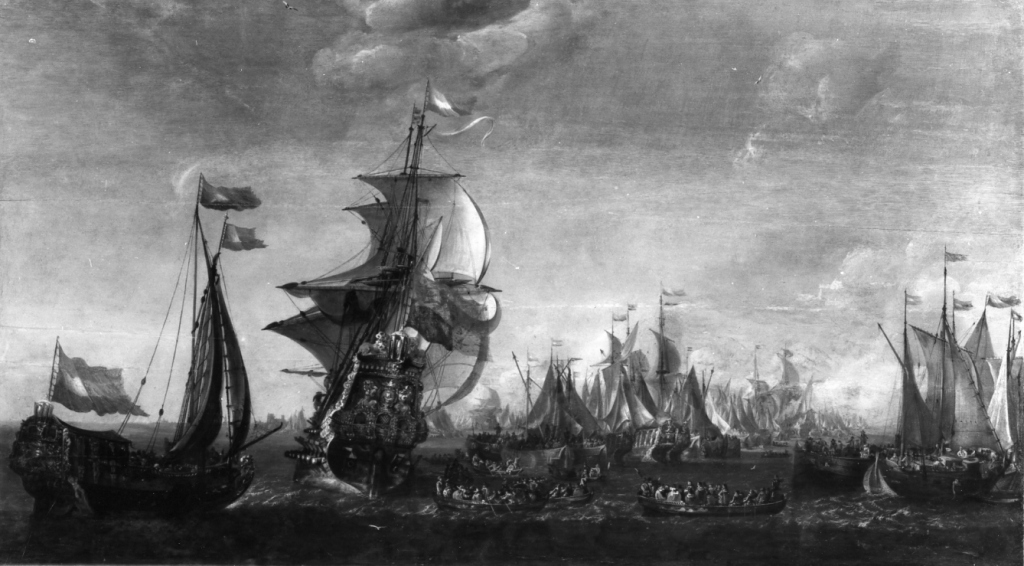 caravelle in un porto (dipinto) - ambito fiammingo (prima metà sec. XVII)