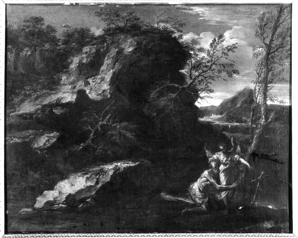 paesaggio con Sant'Onofrio e l'angelo (dipinto) di Rosa Salvatore (cerchia) (prima metà sec. XVII)