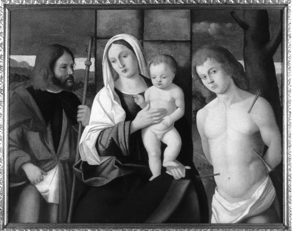 Madonna con Bambino e i Santi Rocco e Sebastiano (dipinto) di Galizzi Gerolamo detto Gerolamo da Santacroce (metà sec. XVI)