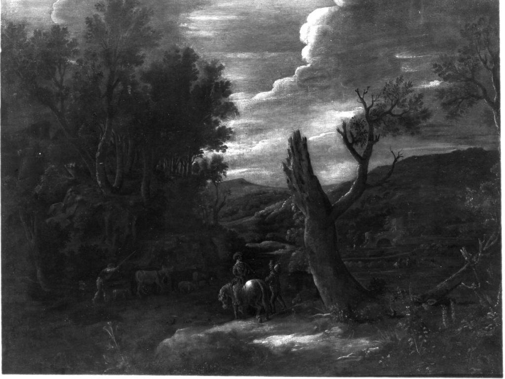 paesaggio con cavaliere e contadini (dipinto) - ambito romano (prima metà sec. XVII)