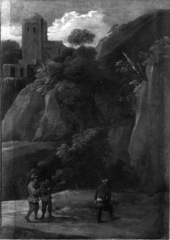 paesaggio roccioso con tre figure (dipinto) di Teniers David II il Giovane (scuola) (seconda metà sec. XVII)