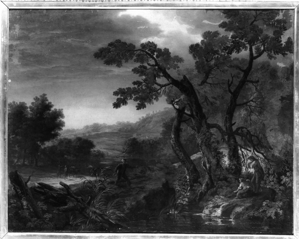 paesaggio con contadini presso un ruscello (dipinto) - ambito fiammingo (seconda metà sec. XVII)