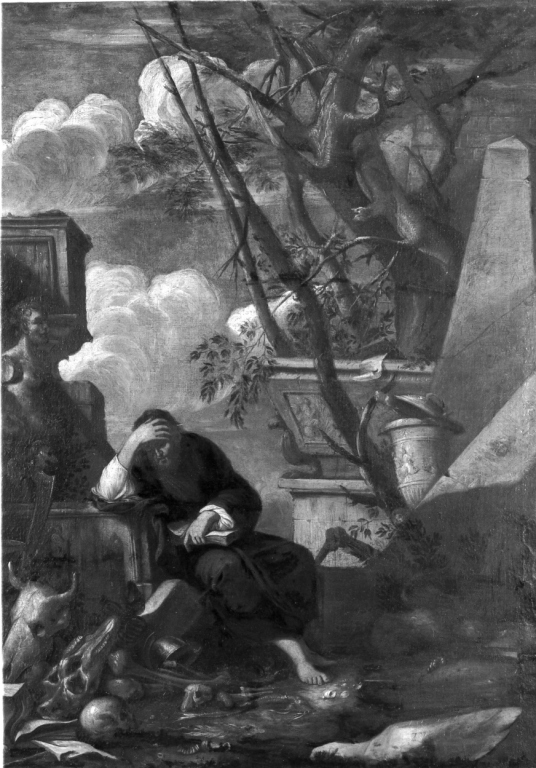 paesaggio con filosofo (dipinto) di Rosa Salvatore (scuola) (seconda metà sec. XVII)