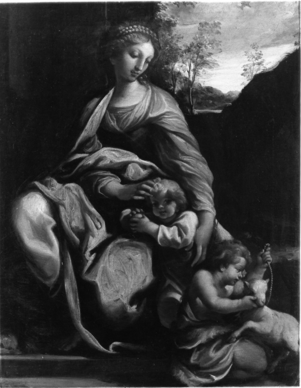 Madonna con Bambino e San Giovannino (dipinto) di Mazzola Francesco detto Parmigianino (scuola) (seconda metà sec. XVI)