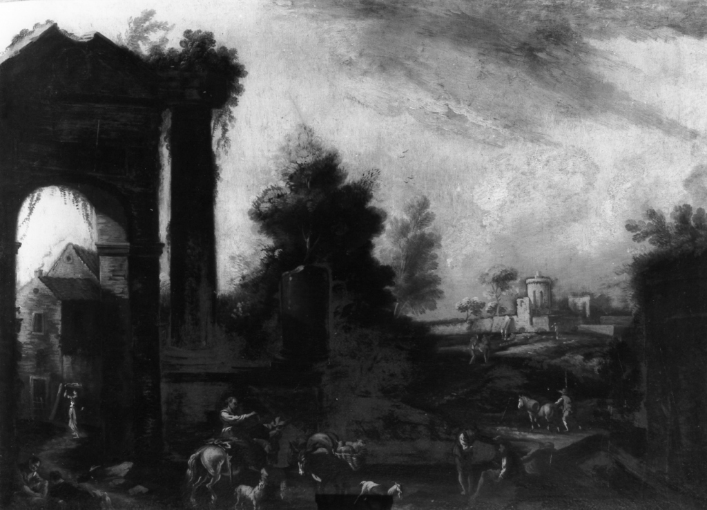 paesaggio con ruderi e pastori (dipinto) - ambito napoletano (fine/inizio secc. XVII/ XVIII)