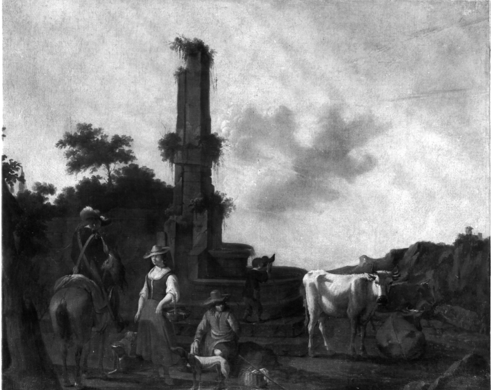 fontana con cavalieri e contadini (dipinto) di Cuyp Aelbert Jacobsz (seconda metà sec. XVII)