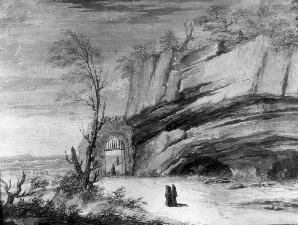 paesaggio roccioso con frati (dipinto) di Van Wittel Gaspar detto Gaspare Vanvitelli (sec. XVIII)