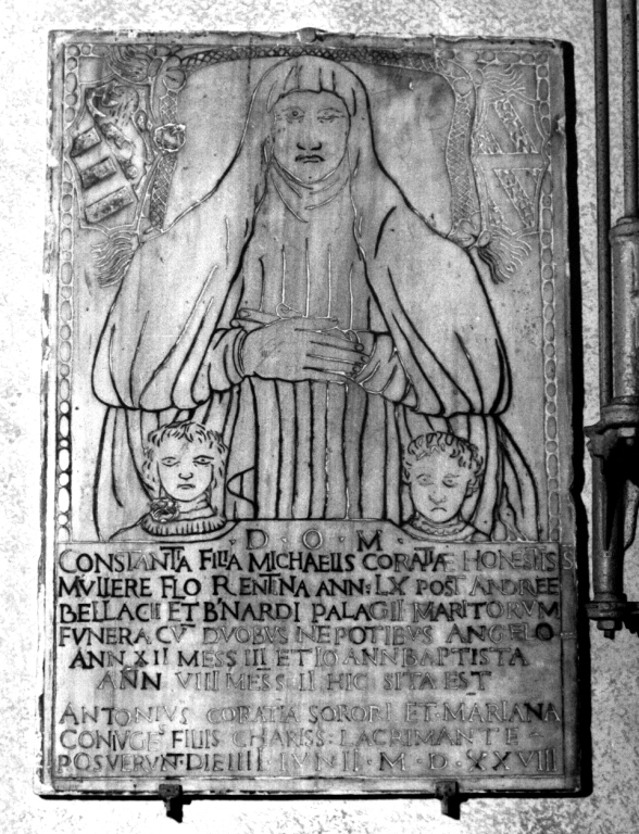 ritratto funebre di Costanza Corazza e due nipoti (lapide tombale) - ambito romano (sec. XVI)