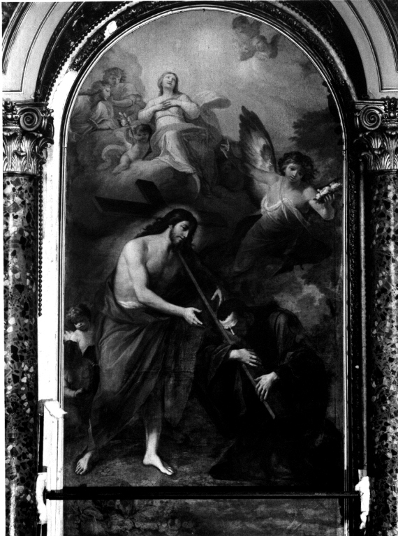 beato Nicola Da Longobardi sorregge la croce dinanzi a Cristo e alla Vergine (dipinto) di Manno Francesco (sec. XVIII)