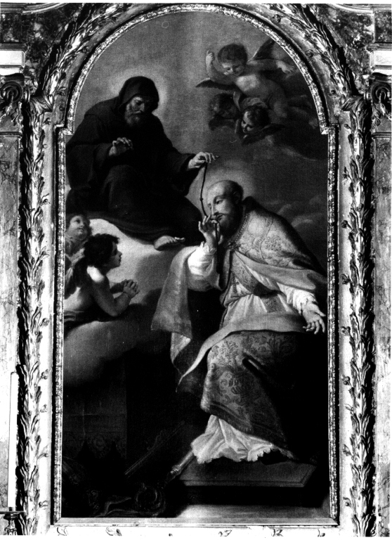 San Francesco di Paola mostra il cordone del Terzo Ordine a S. Francesco di Sales (dipinto) di Grecolini Giovanni Antonio (prima metà sec. XVIII)