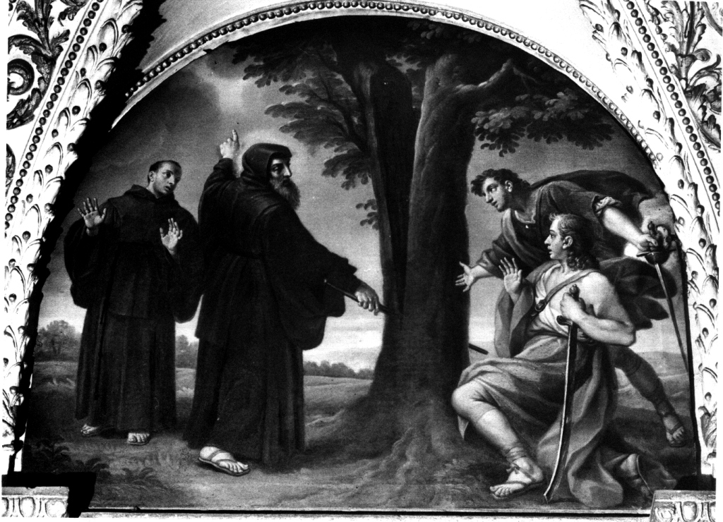 San Francesco di Paola divide un albero che impedisce di erigere il convento (dipinto) di Masucci Agostino (prima metà sec. XVIII)